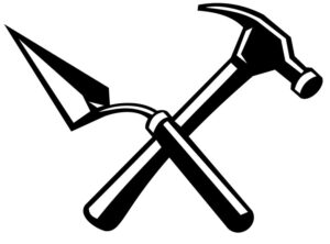 Retro style illustration of crossed masonry or brick trowel and hammer on isolated background done in black and white.